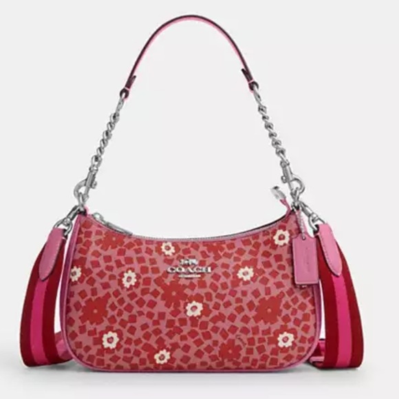 ❤️ Coach NWT Red Floral Print Teri Shoulder Bag With Crossbody & Gold Hardware - Picture 1 of 9